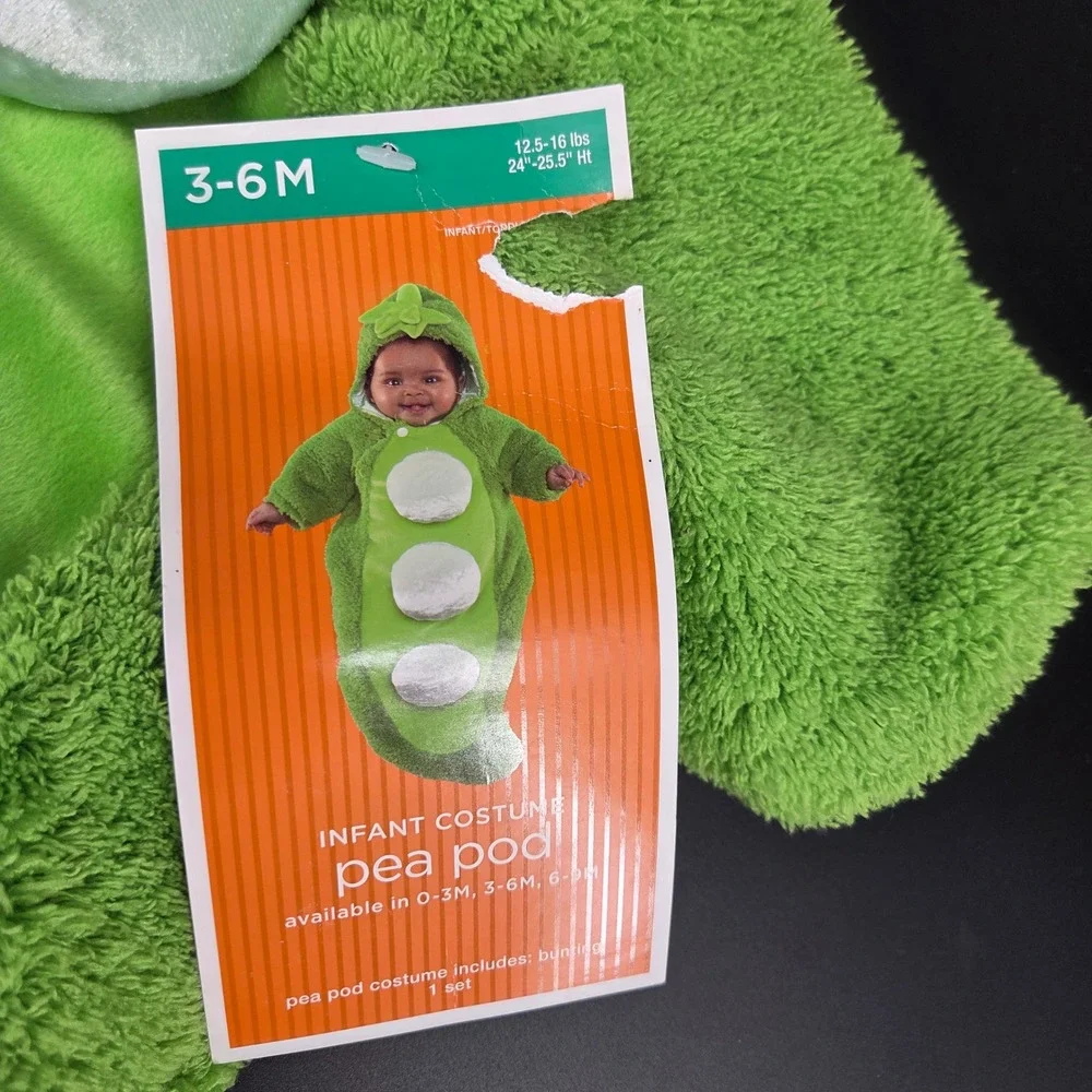 Infant Pea Pod Costume Green Bunting 3-6M Halloween Baby Dress Up Hooded Plush